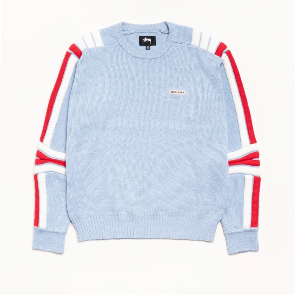 Stussy MOTO SWEATER Light Blue Sweater with Red